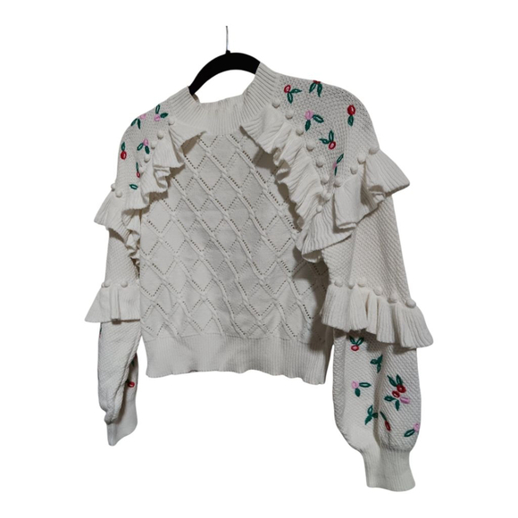 Glamorous Coquette Pointelle Knit Sweater with Embrodierd Flowers and Pom Poms - Picture 11 of 16